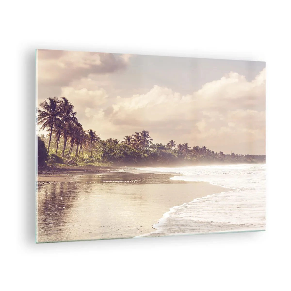 Obraz na skle - Zlatá pláž s palmami a klidným oceánem v měkkém světle - 70x50cm - Pohlazení vln - Moderní nástěnná dekorace do obývacího pokoje a ložnice ARTTOR