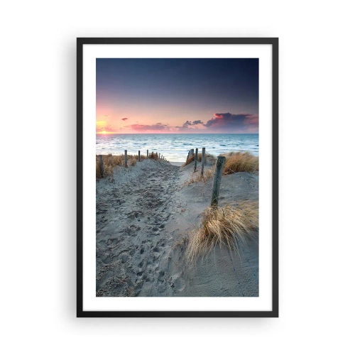 Plakát v černém rámu - Plážová cesta při západu slunce s výhledem na moře - 50x70cm - Za trochu lásky šel bych světa kraj… - Moderní nástěnná dekorace do obývacího pokoje a ložnice ARTTOR