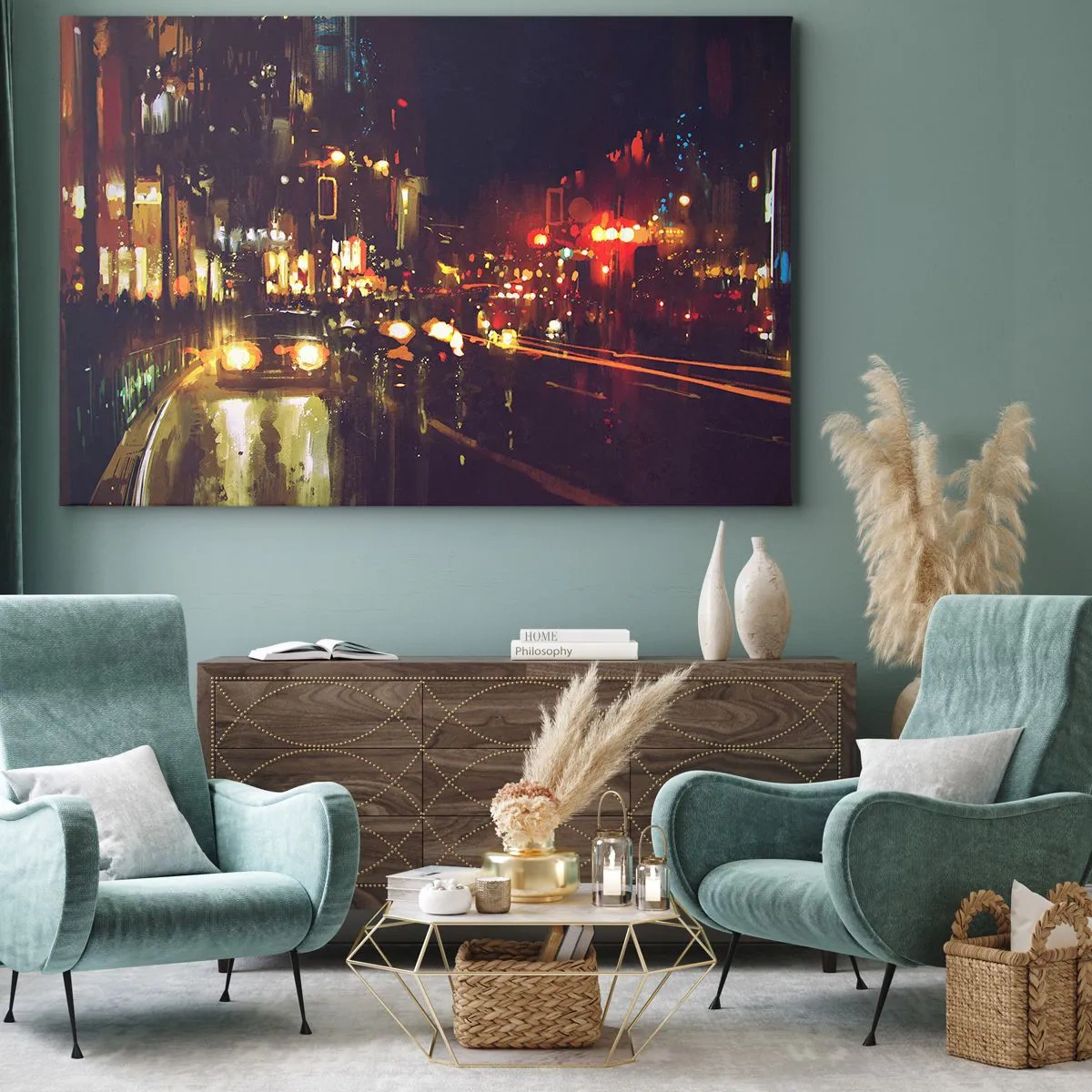 Obraz na plátně - Noční městská scéna s barevnými světly a odrazy ulic - 70x50cm - Ponořená do světel noci - Moderní nástěnná dekorace do obývacího pokoje a ložnice ARTTOR