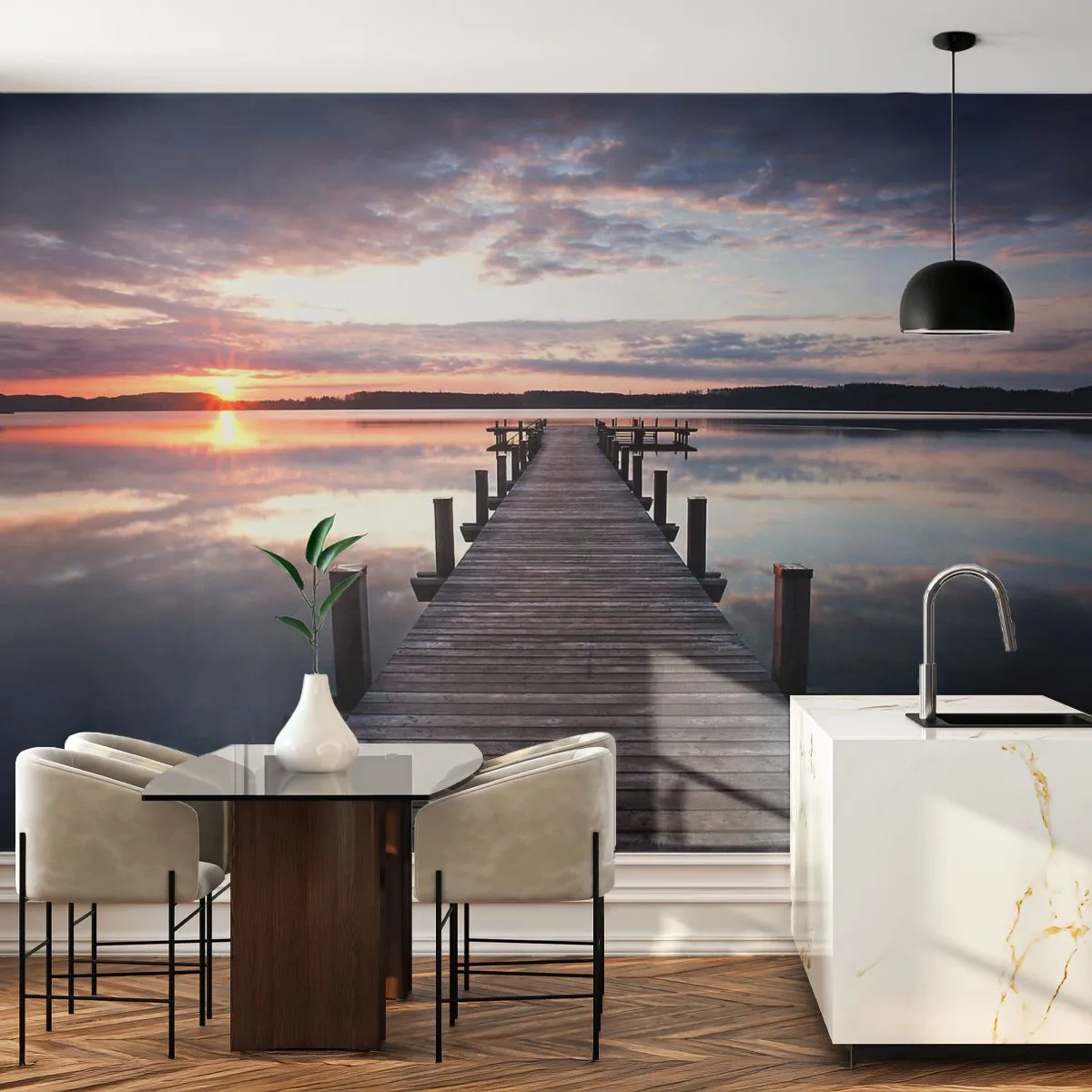 Fototapeta Samolepicí Deluxe Sticker - Tichá hranice mezi dnem a nocí - Krajina, jezero, Západ slunce - 250x175 cm