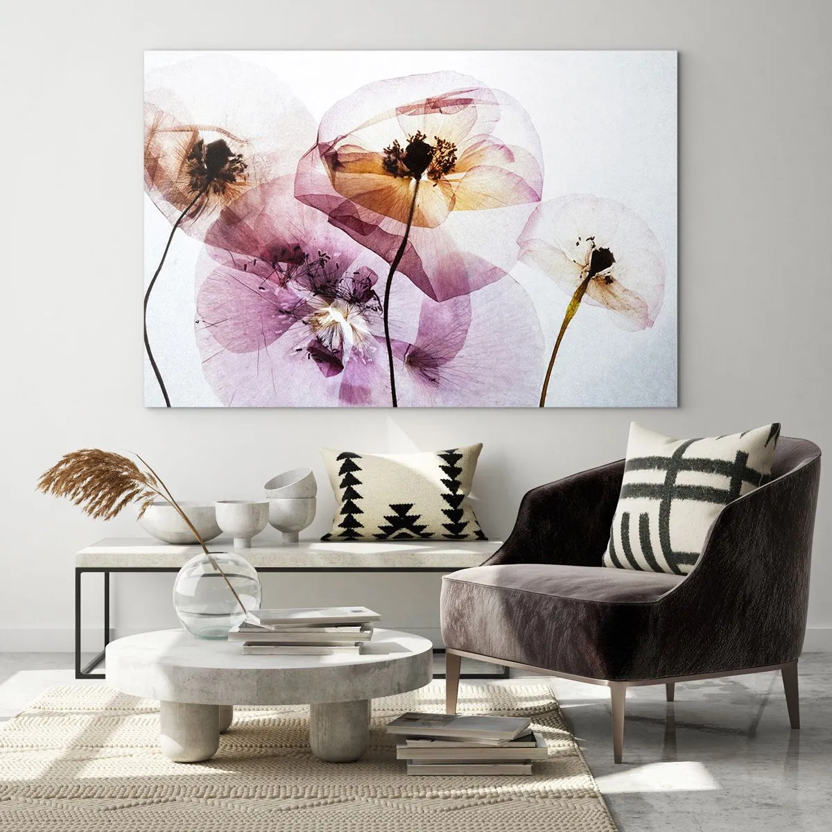 Obraz na skle - Jemné květiny v průhledných pastelových barvách na světlém pozadí - 70x50cm - Průhledné těla květin - Moderní nástěnná dekorace do obývacího pokoje a ložnice ARTTOR