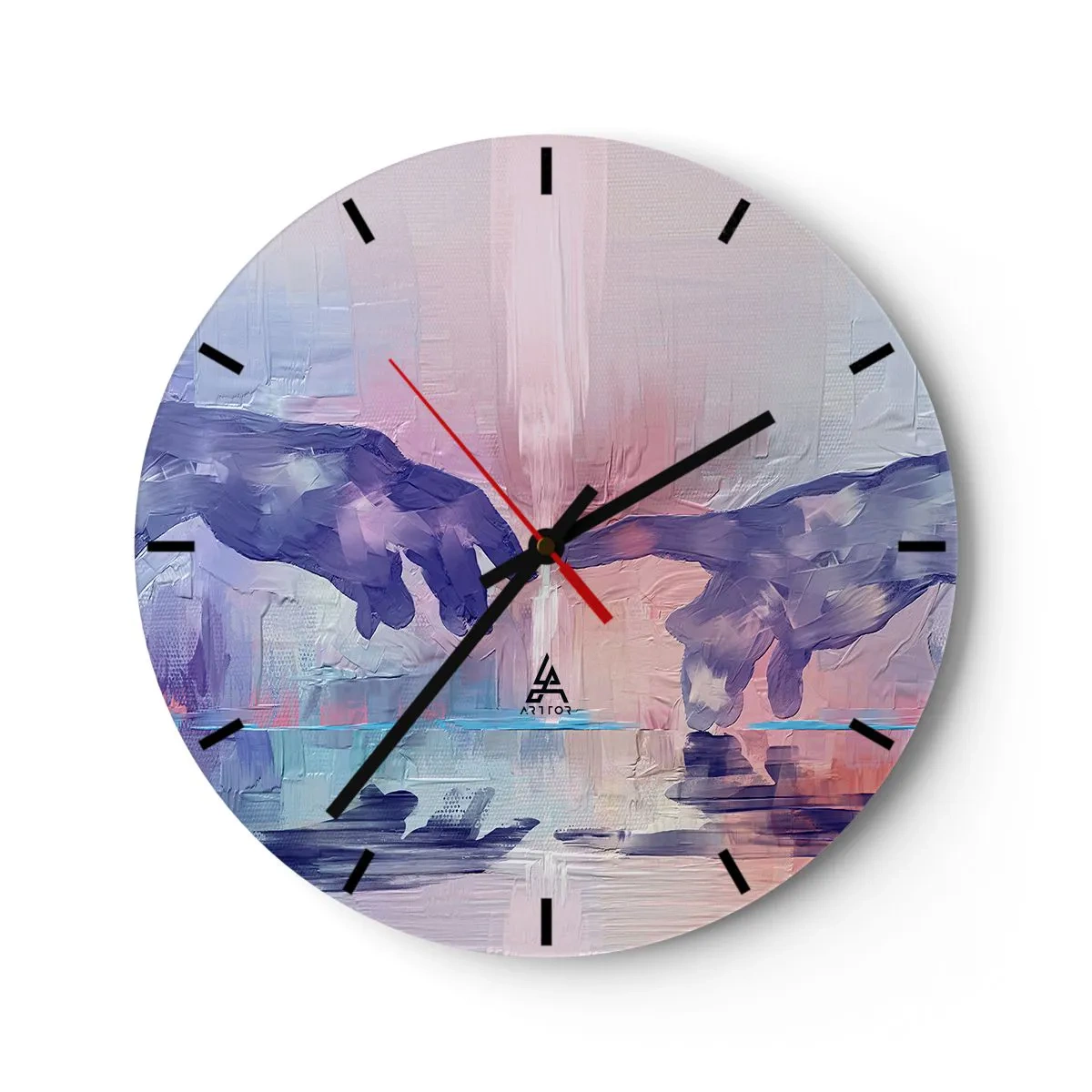 Nástěnné hodiny - Dvě ruce v pastelové abstrakci inspirované uměním - 30x30cm - Božská jiskra života - Moderní nástěnná dekorace do obývacího pokoje, kuchyně a ložnice ARTTOR