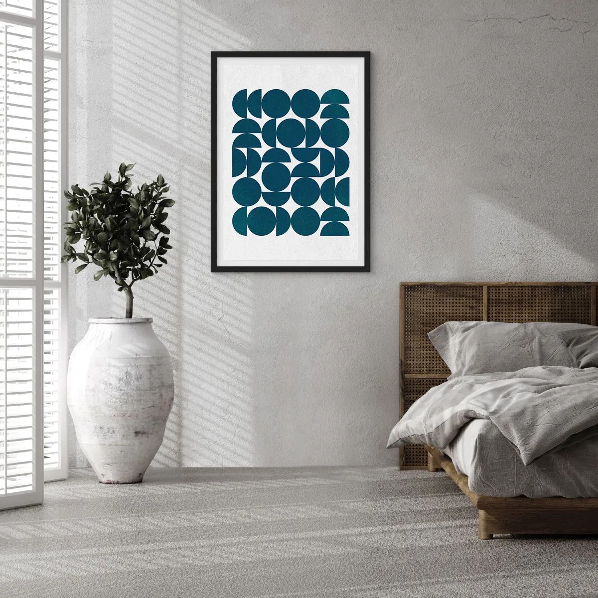 Plakát v černém rámu - Geometrická kompozice s modrými kruhy - 50x70cm - Kruhy a půlkruhy - Moderní nástěnná dekorace do obývacího pokoje a ložnice ARTTOR