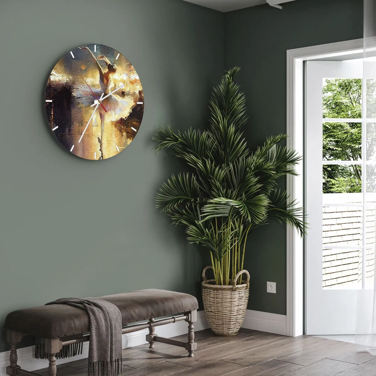 Nástěnné hodiny - Tanečnice v bílých šatech zachycená v dynamickém pohybu - 30x30cm - Zázrak na ulici - Moderní nástěnná dekorace do obývacího pokoje, kuchyně a ložnice ARTTOR