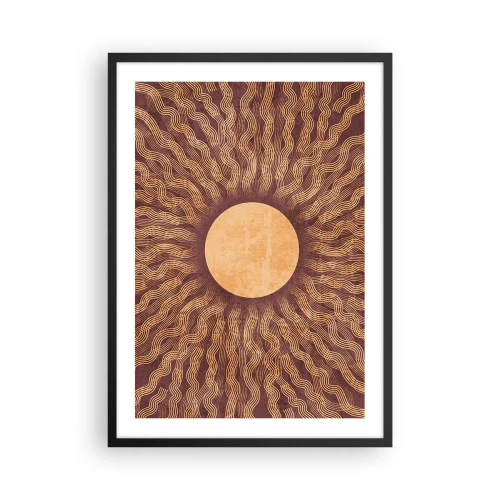 Plakát v černém rámu - Stylizované slunce s paprsky v odstínech zlaté a hnědé - 50x70cm - Ikona slunce - Moderní nástěnná dekorace do obývacího pokoje a ložnice ARTTOR