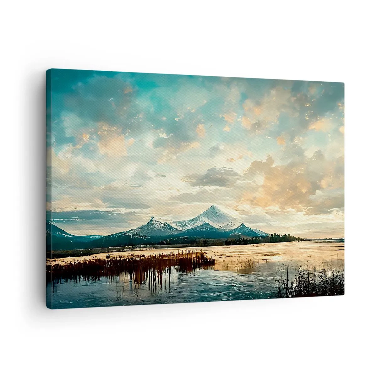 Obraz na plátně - Malebná krajina s horou a klidným jezerem - 70x50cm - Pod ochranou nebe - Moderní nástěnná dekorace do obývacího pokoje a ložnice ARTTOR