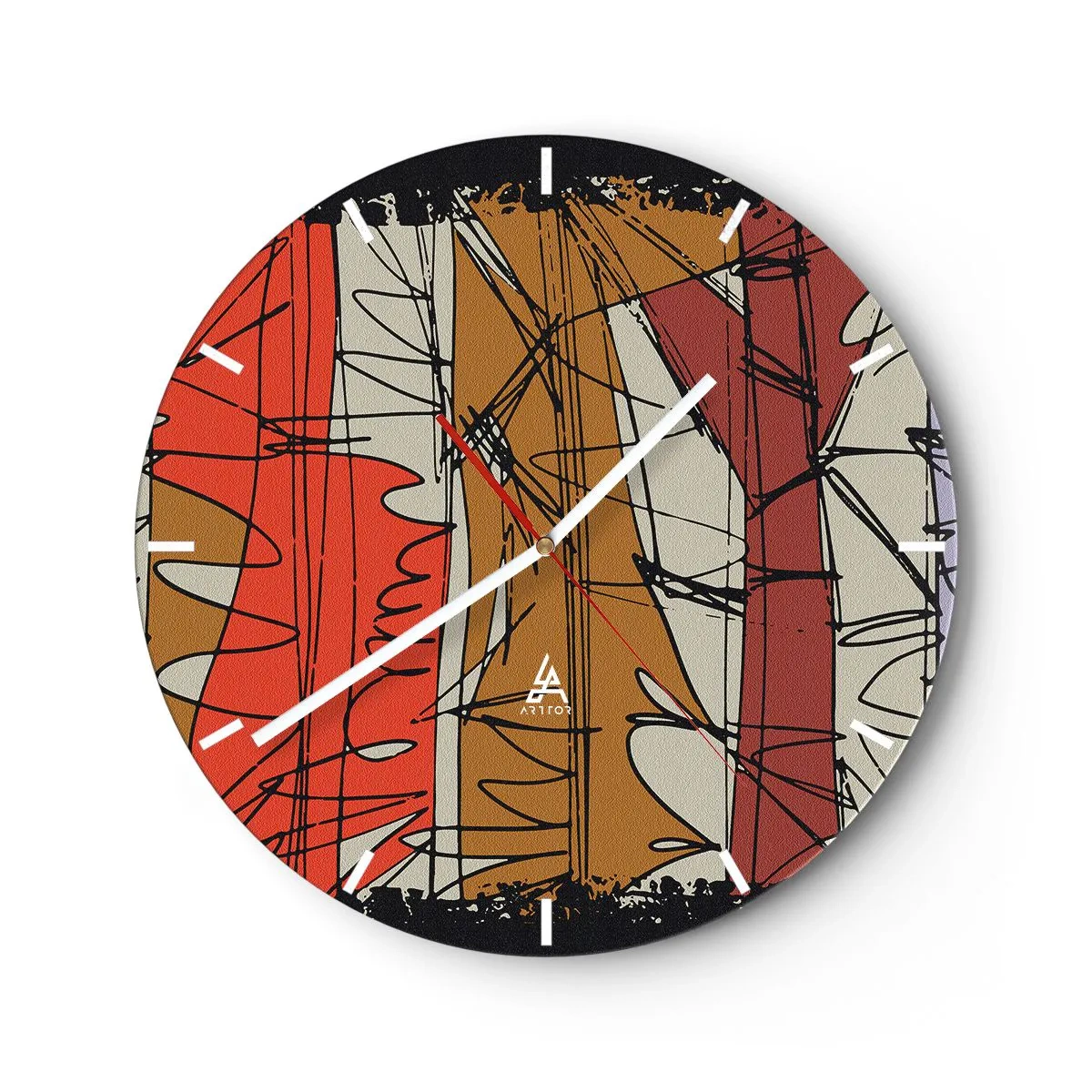 Nástěnné hodiny - Abstraktní linie a skvrny v teplé barevné paletě - 30x30cm - Spontánní kompozice - Moderní nástěnná dekorace do obývacího pokoje, kuchyně a ložnice ARTTOR