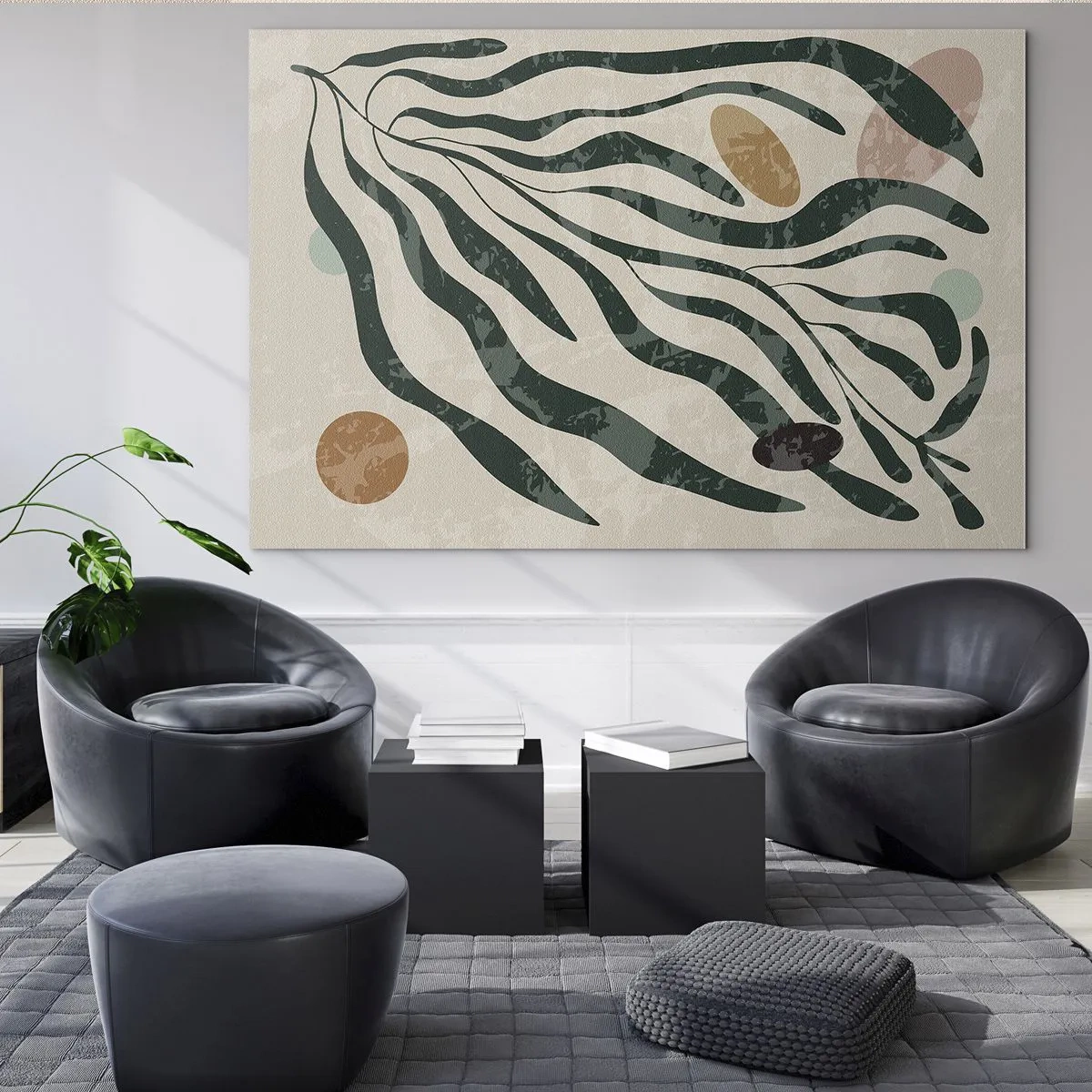 Obraz na skle - Organické tvary v zelené barvě na béžovém pozadí - 70x50cm - Uprostřed zeleně - Moderní nástěnná dekorace do obývacího pokoje a ložnice ARTTOR