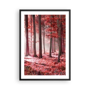 Plakát v černém rámu - Les s červenými listy a ranní mlhou - 50x70cm - Červená je stejně krásná - Moderní nástěnná dekorace do obývacího pokoje a ložnice ARTTOR