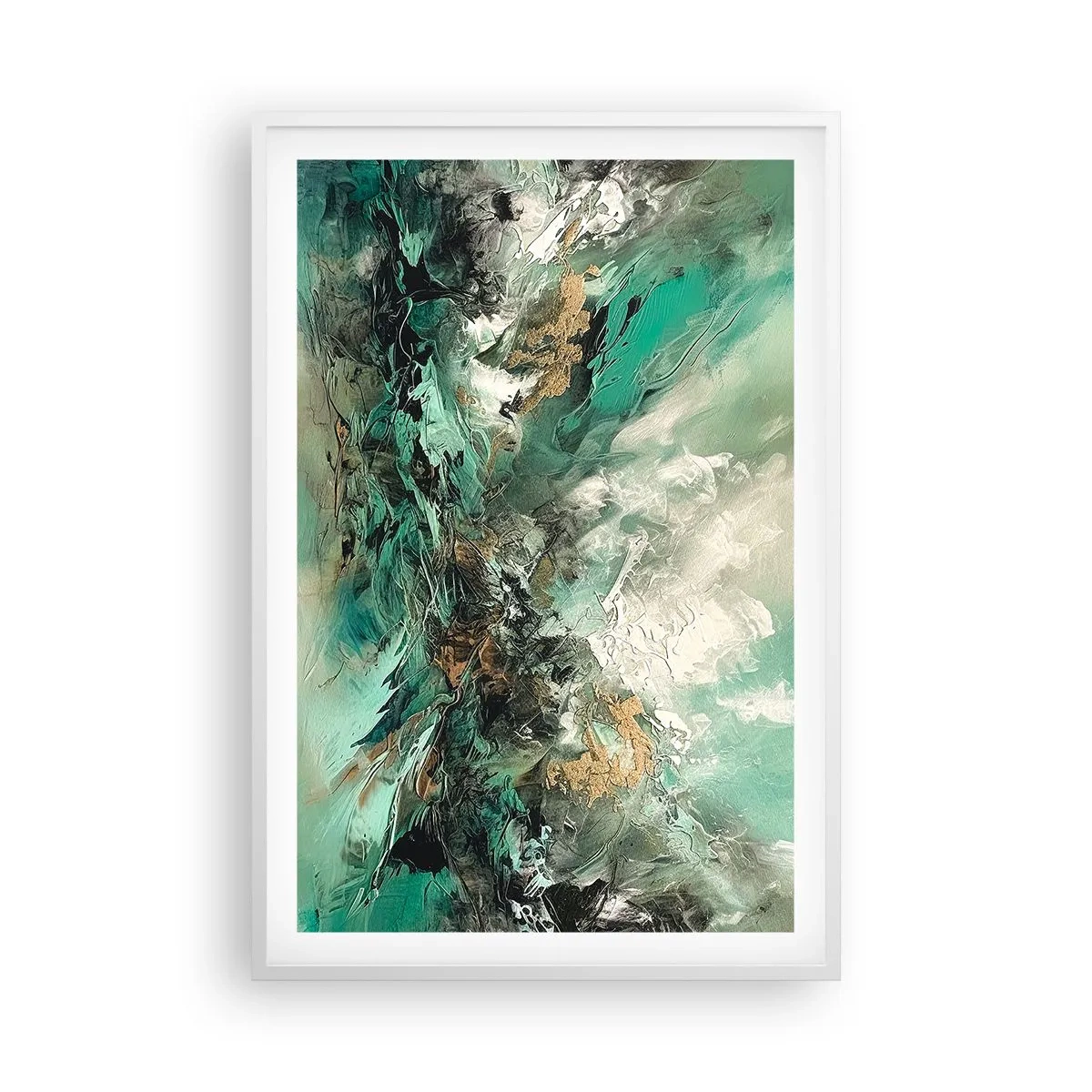 Plakát v bílém rámu - Smaragdově černé vlnobití - 61x91 cm