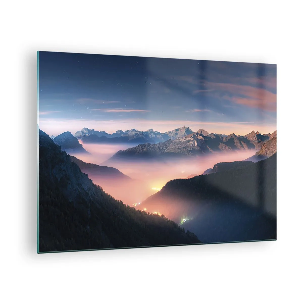 Obraz na skle - Horská krajina při západu slunce s mlhou v údolí - 70x50cm - Světlo v údolích - Moderní nástěnná dekorace do obývacího pokoje a ložnice ARTTOR