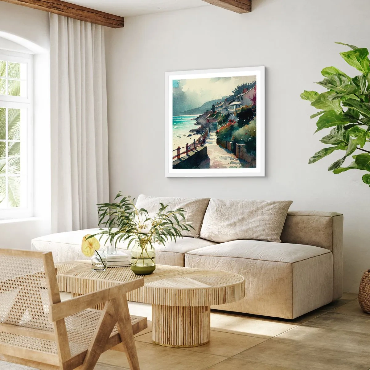 Plakát v bílém rámu - Středomořské městečko - 60x60 cm