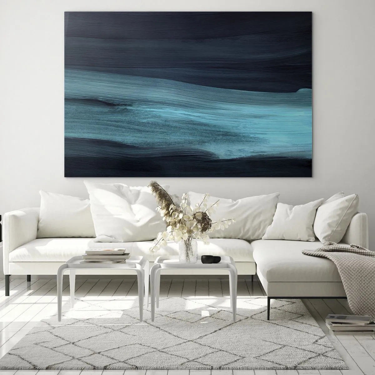 Obraz na skle - Abstraktní vlna v odstínech tyrkysové a tmavě modré - 70x50cm - Pluj s proudem - Moderní nástěnná dekorace do obývacího pokoje a ložnice ARTTOR