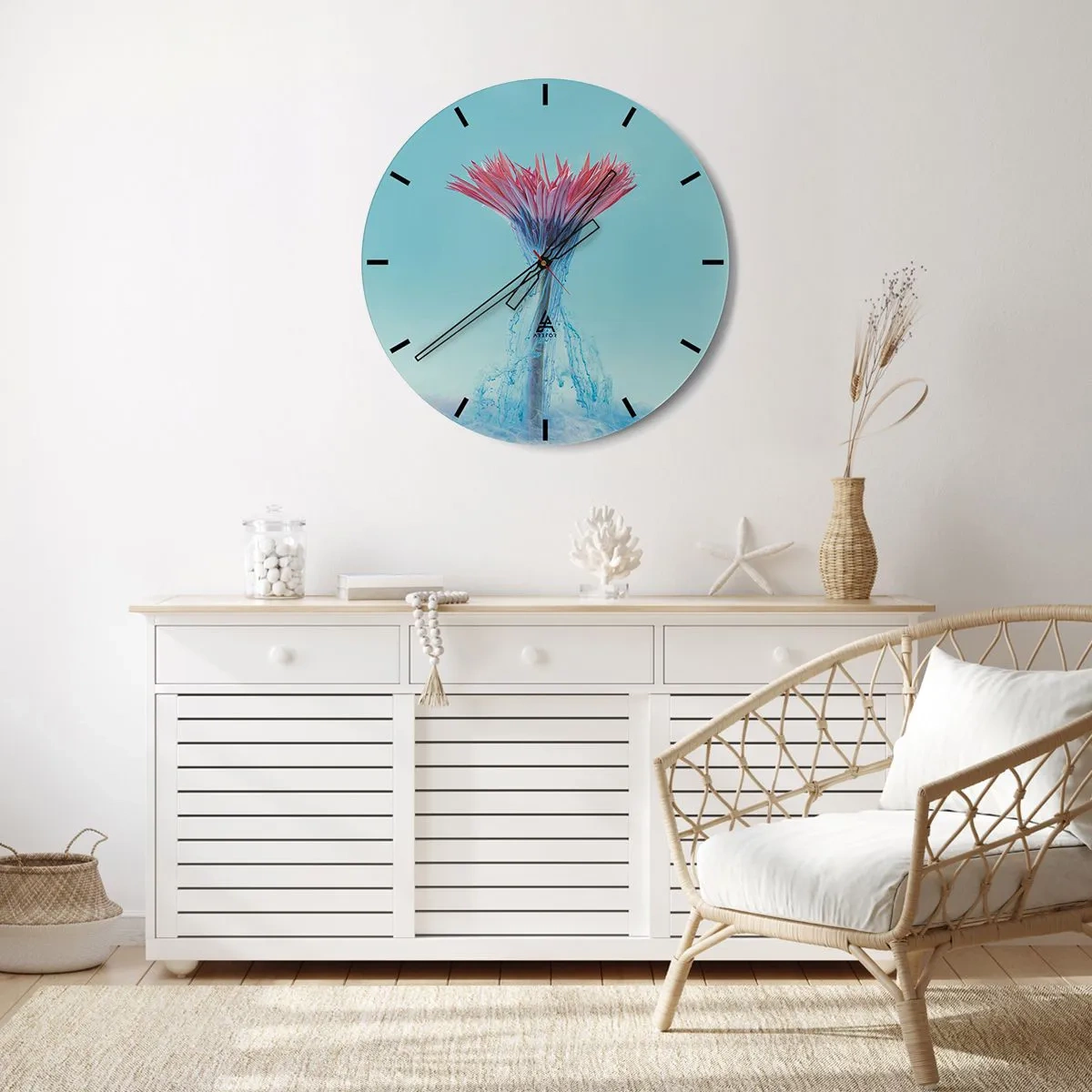 Nástěnné hodiny - Květinová voda, dynamický záblesk barev - 30x30cm - V osvěžujícím objetí - Moderní nástěnná dekorace do obývacího pokoje, kuchyně a ložnice ARTTOR