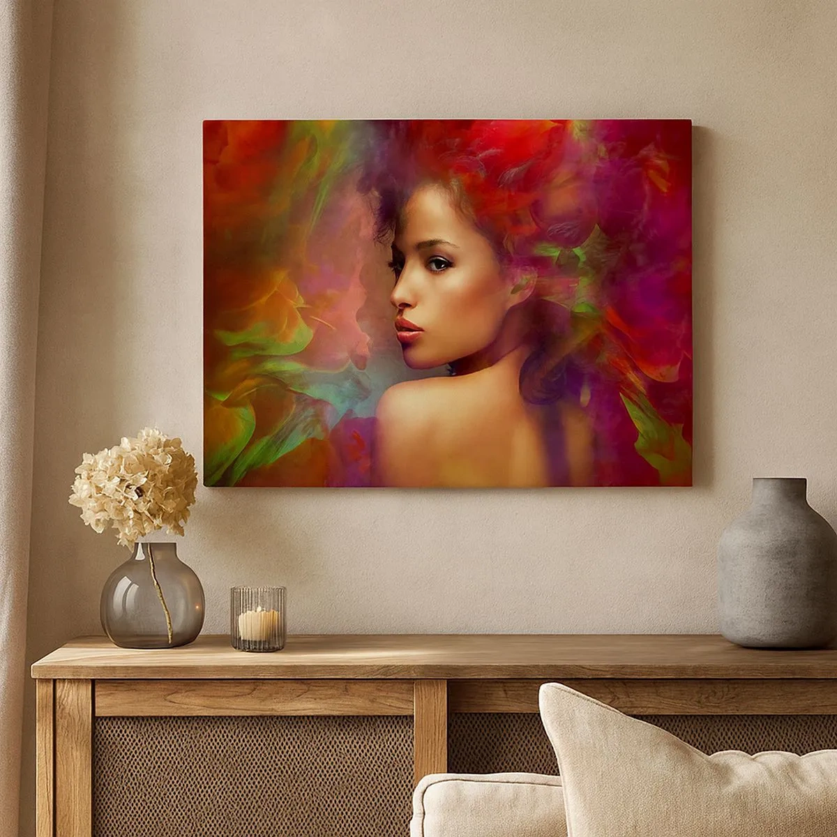 Obraz na plátně - Žena s barevnými odrazy vytvářejícími abstraktní pozadí - 70x50cm - Krásnější než duha, jemnější než mlha - Moderní nástěnná dekorace do obývacího pokoje a ložnice ARTTOR