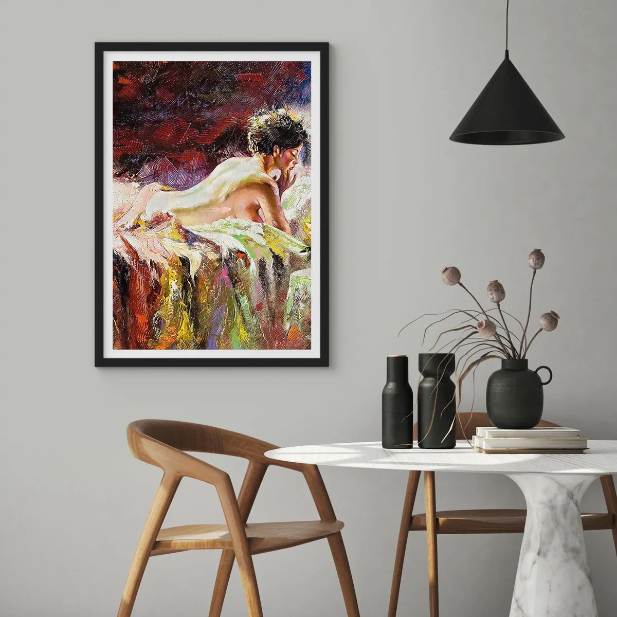 Plakát v černém rámu - Umělecký akt ženy v barevném prostředí - 50x70cm - Zamyšlená Venuše - Moderní nástěnná dekorace do obývacího pokoje a ložnice ARTTOR