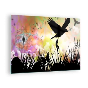 Obraz na skle - Ilustrace postavy šplhající po ptákovi na pozadí barevných květin. - 70x50cm - V pohádkové atmosféře - Moderní nástěnná dekorace do obývacího pokoje a ložnice ARTTOR