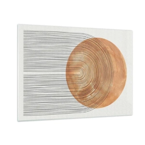 Obraz na skle - Geometrický tvar se soustřednými čarami a zlatým kruhem - 70x50cm - Slunečná kompozice - Moderní nástěnná dekorace do obývacího pokoje a ložnice ARTTOR