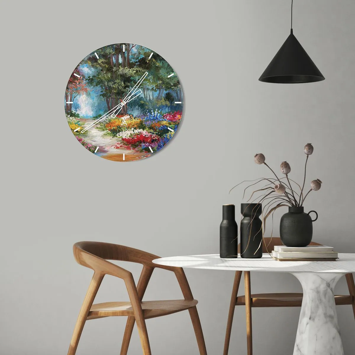 Nástěnné hodiny - Barevná zahrada s květinami a stromy v pozadí - 30x30cm - Lesní zahrada, květinový les - Moderní nástěnná dekorace do obývacího pokoje, kuchyně a ložnice ARTTOR
