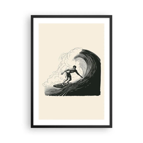 Plakát v černém rámu - Retro surfař na vlně grafika, černá a krémová kompozice - 50x70cm - Král vln - Moderní nástěnná dekorace do obývacího pokoje a ložnice ARTTOR