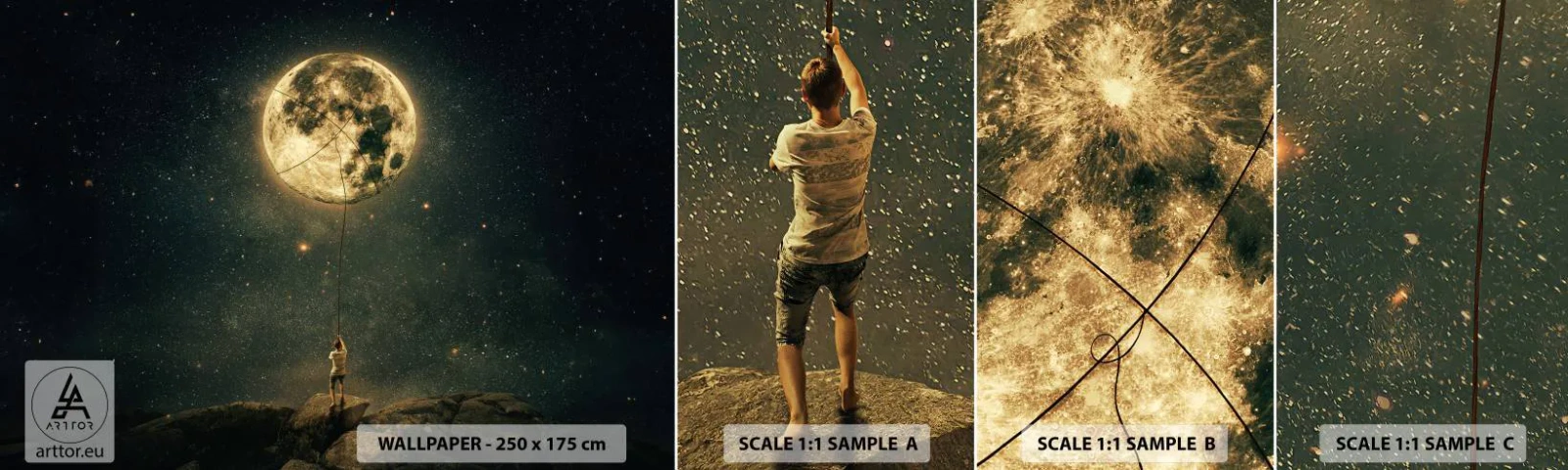 Vzor Fototapety Samolepicí Deluxe Sticker - Kluk, který ukradl měsíc - Měsíc, hvězdy, Fantazie - 100x30 cm