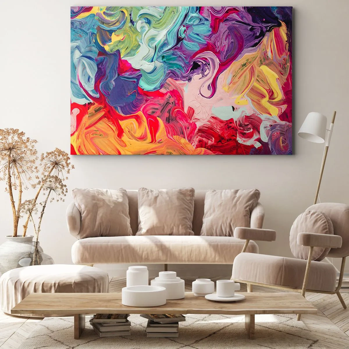 Obraz na plátně - Abstraktní kompozice s živými, vířícími barvami a dynamickou strukturou. - 70x50cm - Zrození barev - Moderní nástěnná dekorace do obývacího pokoje a ložnice ARTTOR