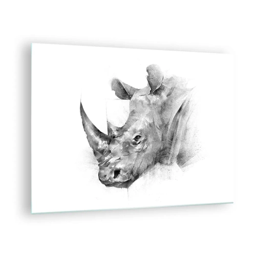 Obraz na skle - Černobílý portrét nosorožce v uměleckém přístupu - 70x50cm - Africký portrét - Moderní nástěnná dekorace do obývacího pokoje a ložnice ARTTOR