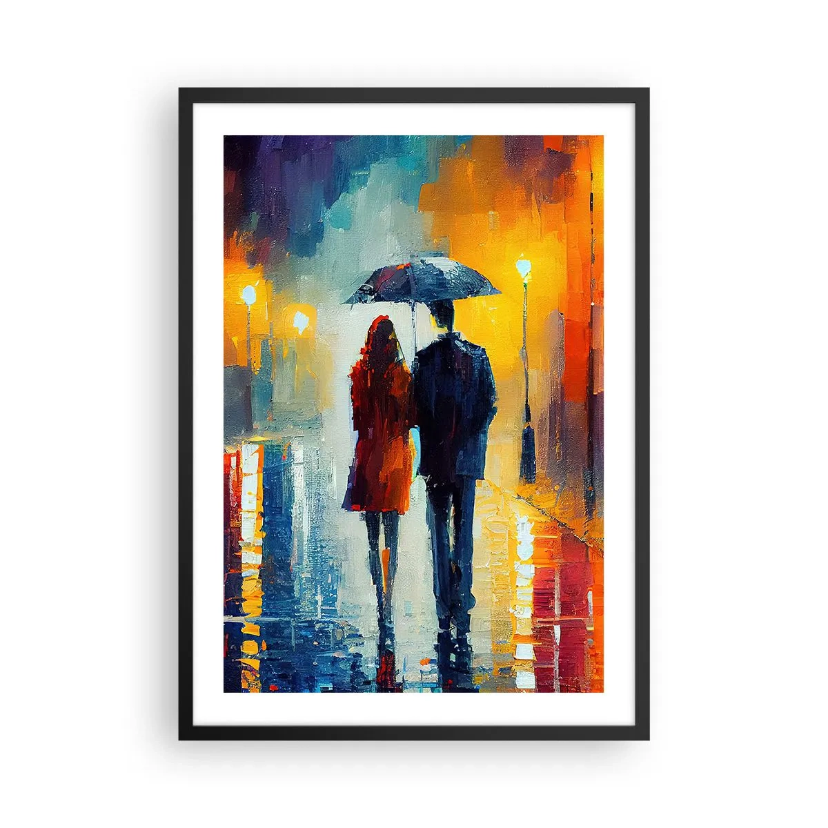 Plakát v černém rámu - Pár s deštníkem v dešti, kráčející po městské ulici. - 50x70cm - Spolu – barevná noc - Moderní nástěnná dekorace do obývacího pokoje a ložnice ARTTOR