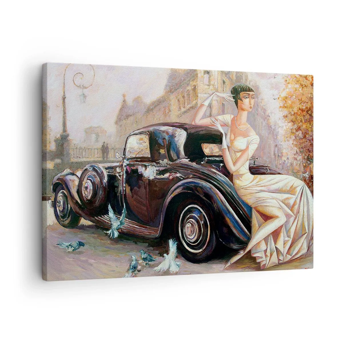 Obraz na plátně - Retro žena vedle klasického auta - 70x50cm - Elegance v retro stylu - Moderní nástěnná dekorace do obývacího pokoje a ložnice ARTTOR