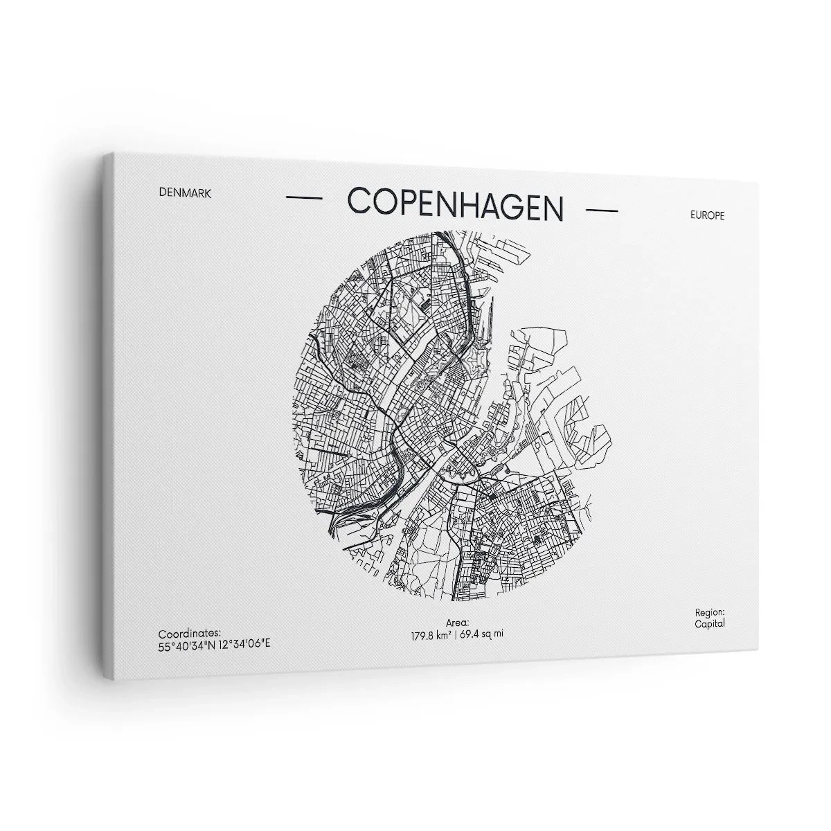 Obraz na plátně - Mapa Kodaně v minimalistickém černobílém stylu. - 70x50cm - Anatomie Kodaně - Moderní nástěnná dekorace do obývacího pokoje a ložnice ARTTOR