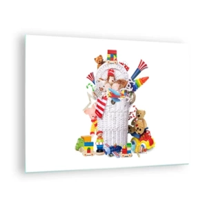 Obraz na skle - Košík plný barevných hraček na bílém pozadí - 70x50cm - Poklady děťátka - Moderní nástěnná dekorace do obývacího pokoje a ložnice ARTTOR