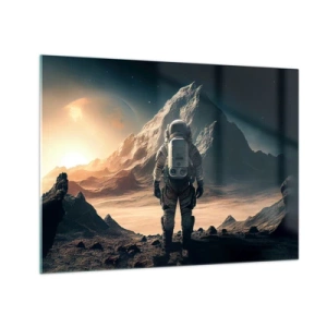 Obraz na skle - Astronaut na cizí planetě s hornatou krajinou - 70x50cm - Nová výzva - Moderní nástěnná dekorace do obývacího pokoje a ložnice ARTTOR