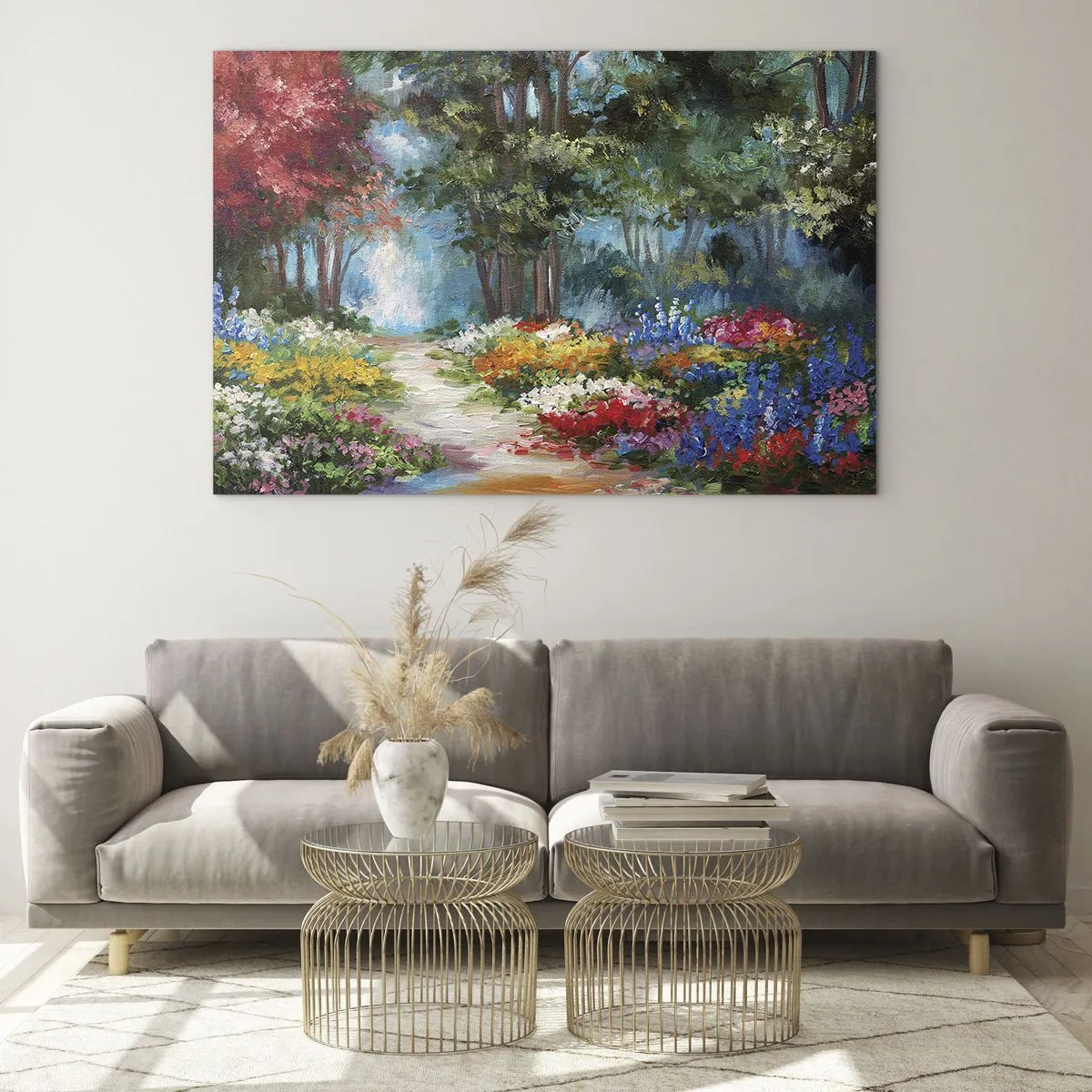 Obraz na skle - Barevná lesní zahrada s rozkvetlými květinami - 70x50cm - Lesní zahrada, květinový les - Moderní nástěnná dekorace do obývacího pokoje a ložnice ARTTOR