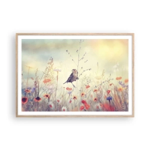 Plakát v rámu světlý dub - Portrét ptáka s loukou v pozadí - 100x70 cm