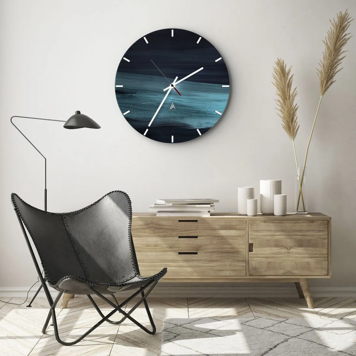 Nástěnné hodiny - Abstraktní pruhy v tyrkysové a tmavě modré barvě připomínající vodu - 30x30cm - Pluj s proudem - Moderní nástěnná dekorace do obývacího pokoje, kuchyně a ložnice ARTTOR