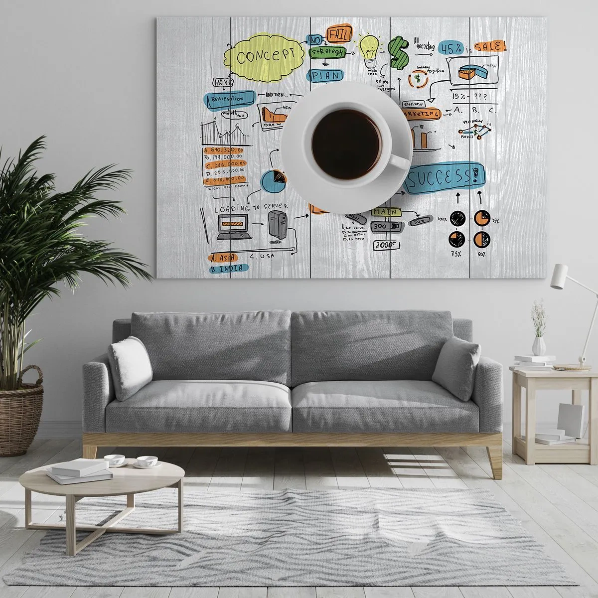Obraz na skle - Šálek kávy na pozadí diagramů a koncepčních kreseb - 70x50cm - Čas na přestávku - Moderní nástěnná dekorace do obývacího pokoje a ložnice ARTTOR