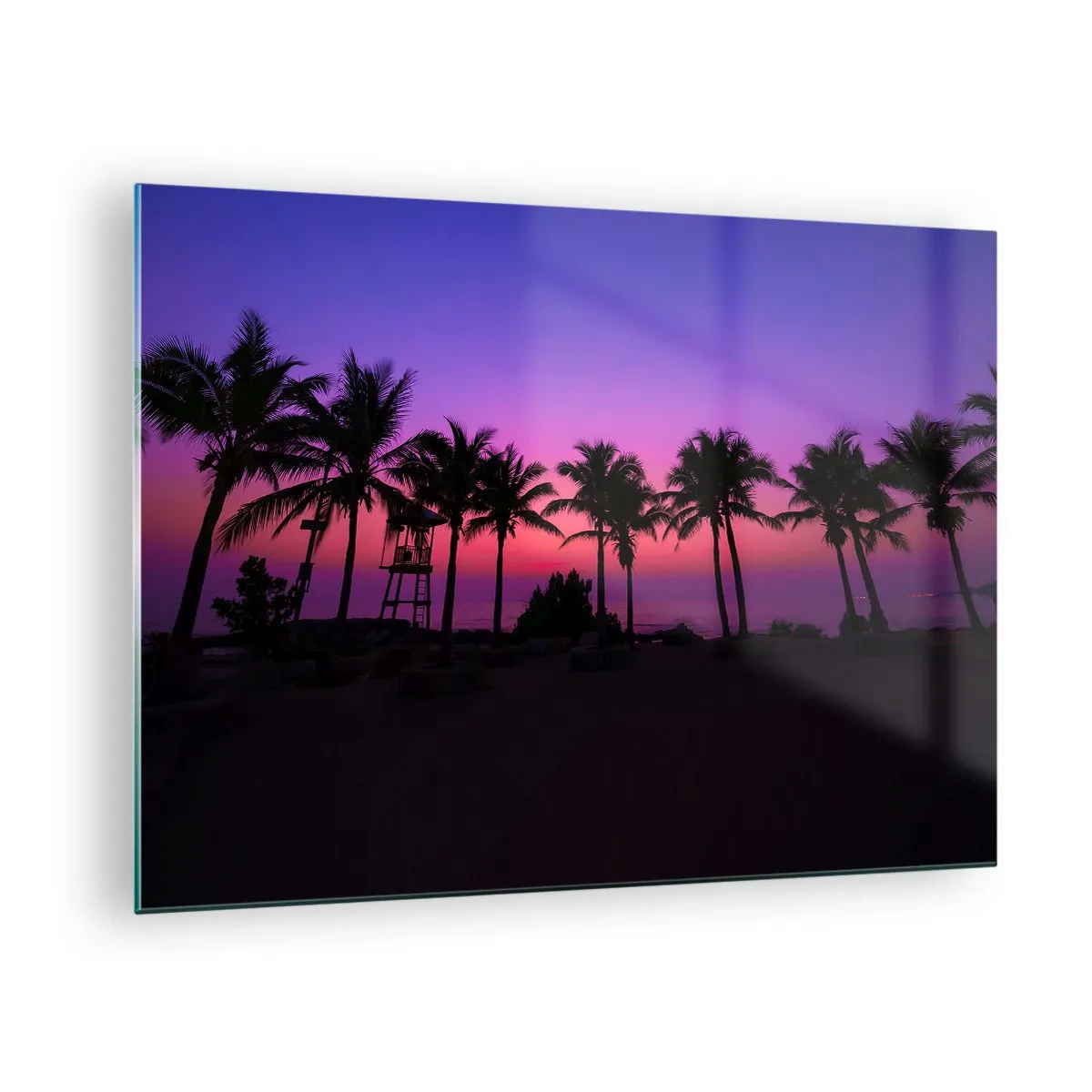 Obraz na skle - Palmy na pozadí fialově růžového západu slunce - 70x50cm - Večer pod palmami - Moderní nástěnná dekorace do obývacího pokoje a ložnice ARTTOR