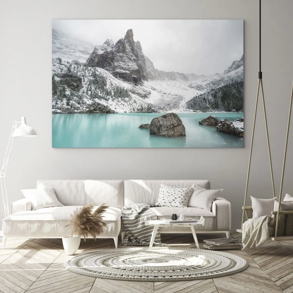 Obraz na skle - Zimní krajina s tyrkysovým jezerem - 70x50cm - Na stráži - Moderní nástěnná dekorace do obývacího pokoje a ložnice ARTTOR