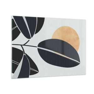 Obraz na skle - Stylizované listy v černé barvě s oranžovým sluncem v pozadí - 70x50cm - Den horkého léta - Moderní nástěnná dekorace do obývacího pokoje a ložnice ARTTOR