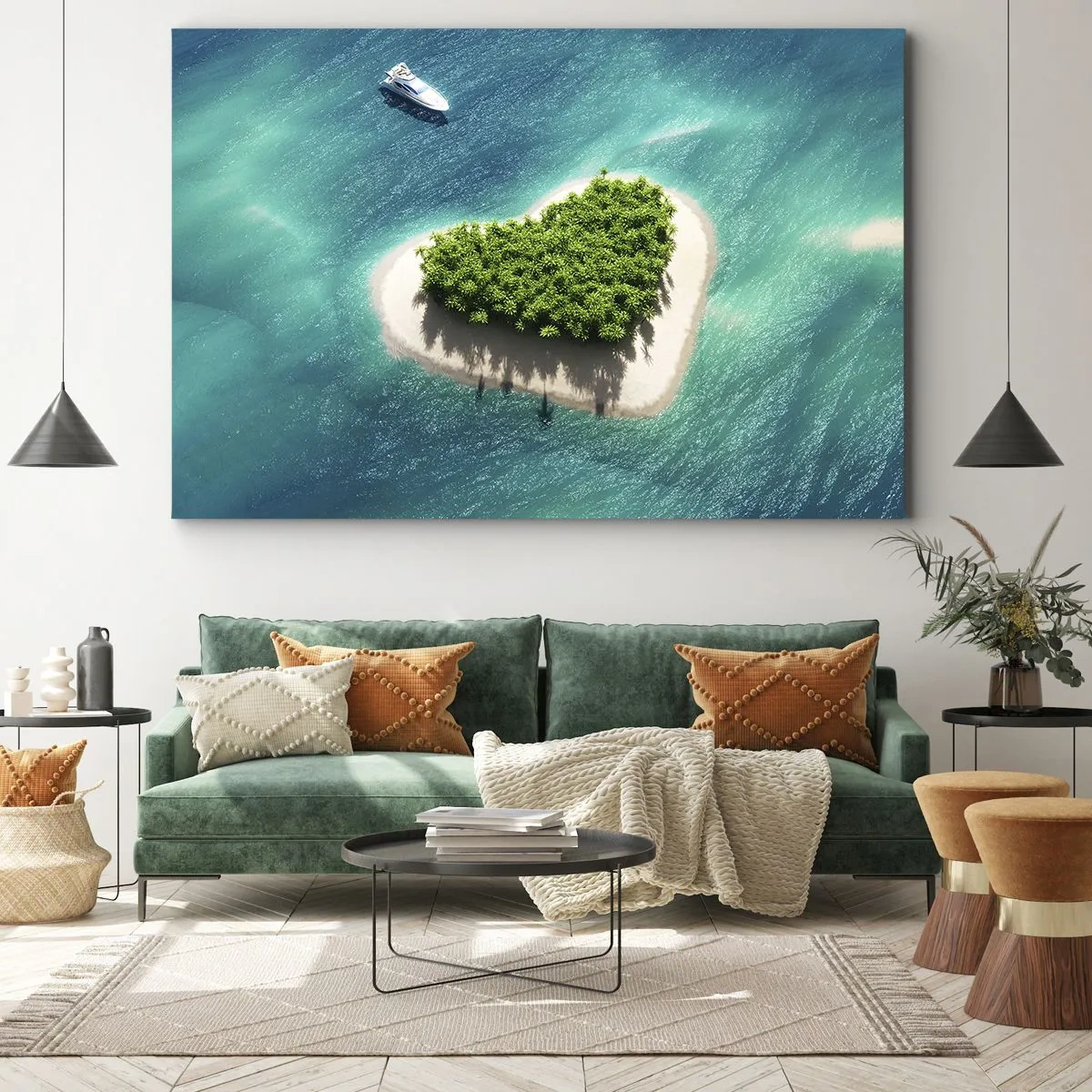 Obraz na plátně - Romantický ostrov ve tvaru srdce v tyrkysovém moři - 70x50cm - Miluji léto - Moderní nástěnná dekorace do obývacího pokoje a ložnice ARTTOR