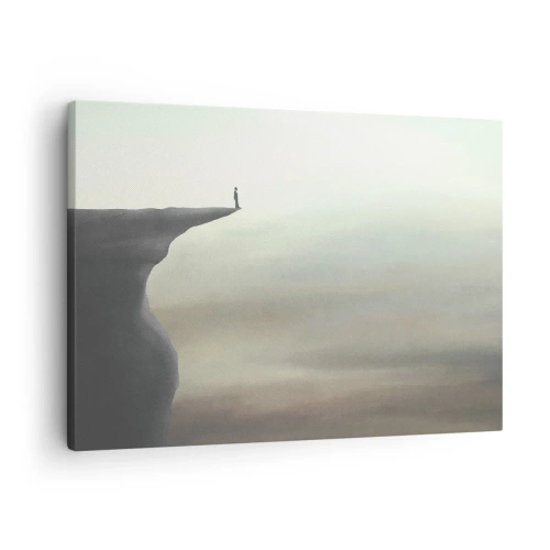 Obraz na plátně - Silueta postavy na okraji útesu v mlhavé krajině - 70x50cm - Nahoru, samozřejmě! - Moderní nástěnná dekorace do obývacího pokoje a ložnice ARTTOR