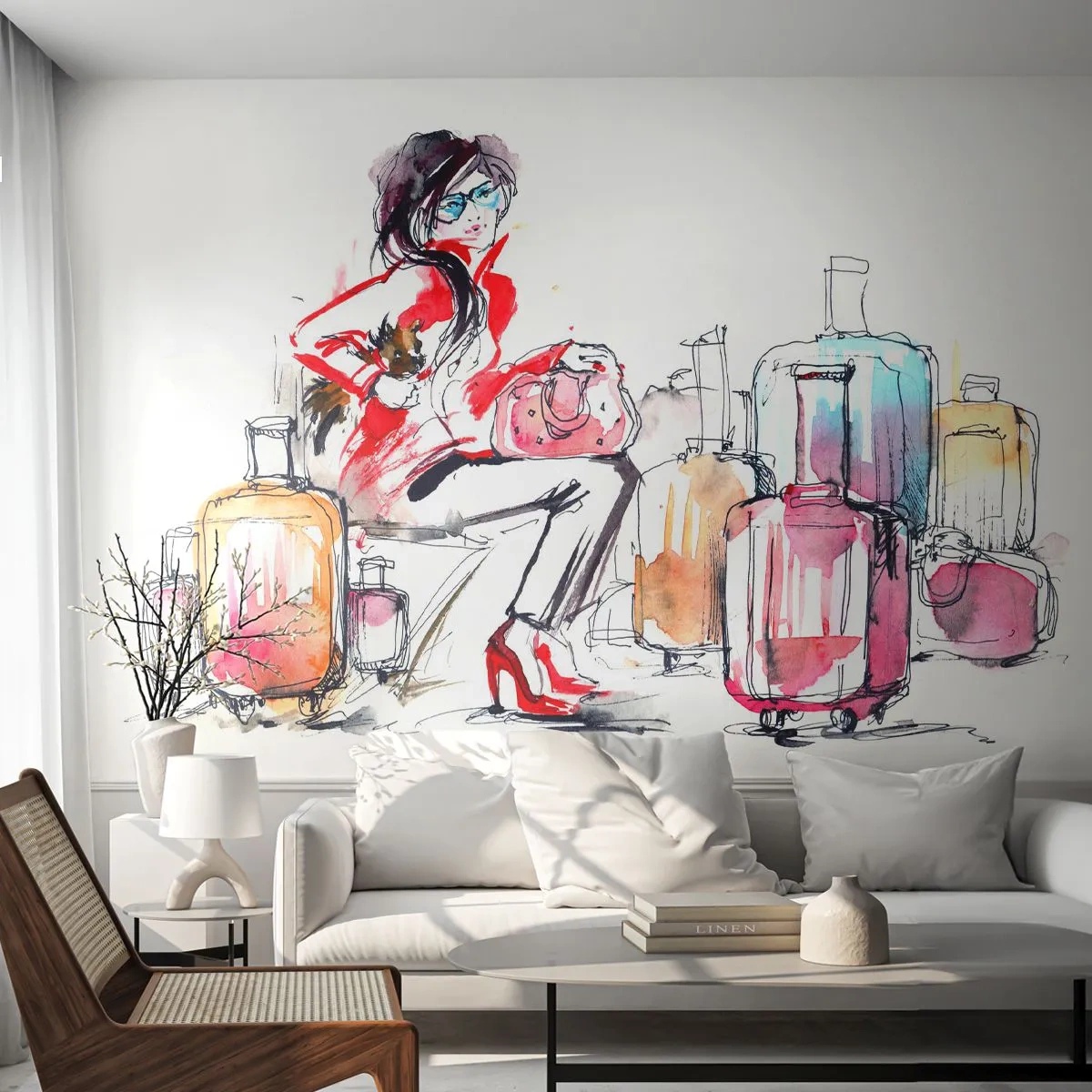 Fototapeta Standard Eco - Stylová žena cestuje s barevnými kufry - 100x70cm - Posaďme se před cestou - Moderní nástěnná dekorace do obývacího pokoje a ložnice ARTTOR