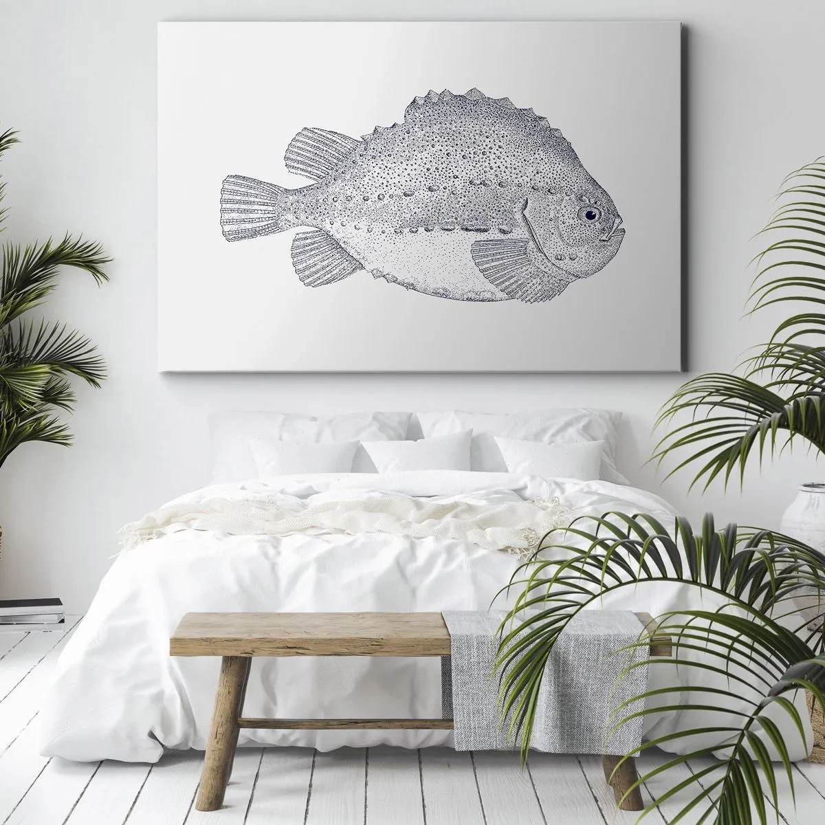 Obraz na plátně - Černobílá kresba ryby na bílém pozadí v minimalistickém stylu - 70x50cm - Do alba přírodovědce - Moderní nástěnná dekorace do obývacího pokoje a ložnice ARTTOR