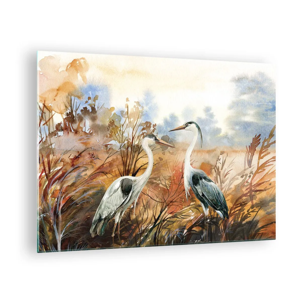 Obraz na skle - Dva jeřábi v podzimní krajině namalované akvarelem - 70x50cm - Kam na podzim? - Moderní nástěnná dekorace do obývacího pokoje a ložnice ARTTOR