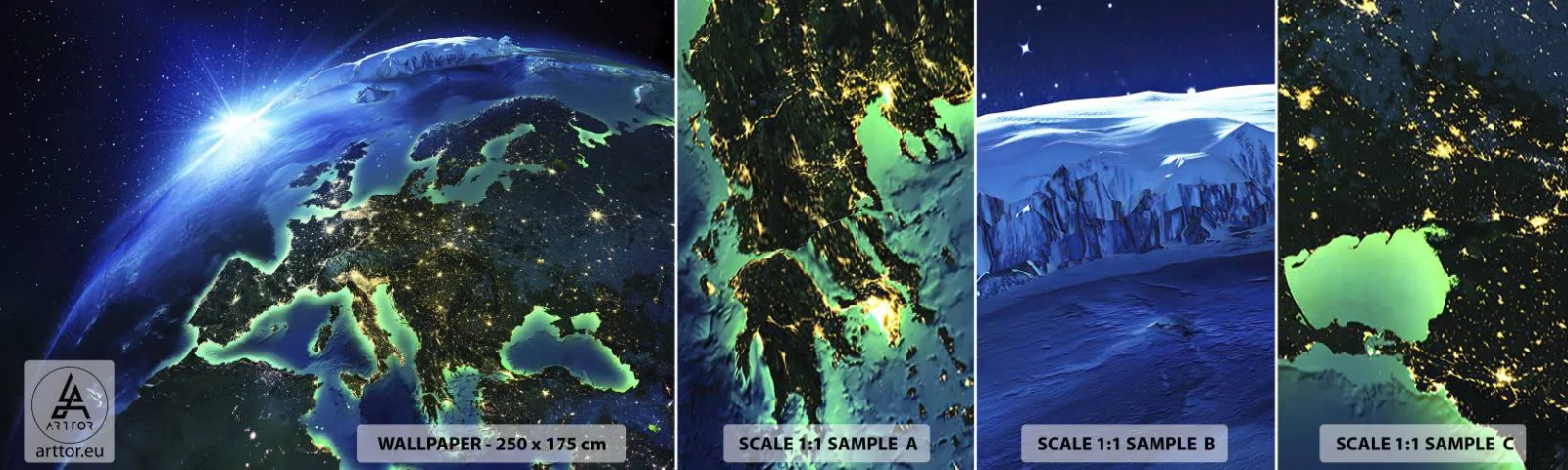 Fototapeta Vzorek Standard Eco - Jiskřivá Evropa - Kosmos, Planeta Země, Kontinenty - 100x30 cm
