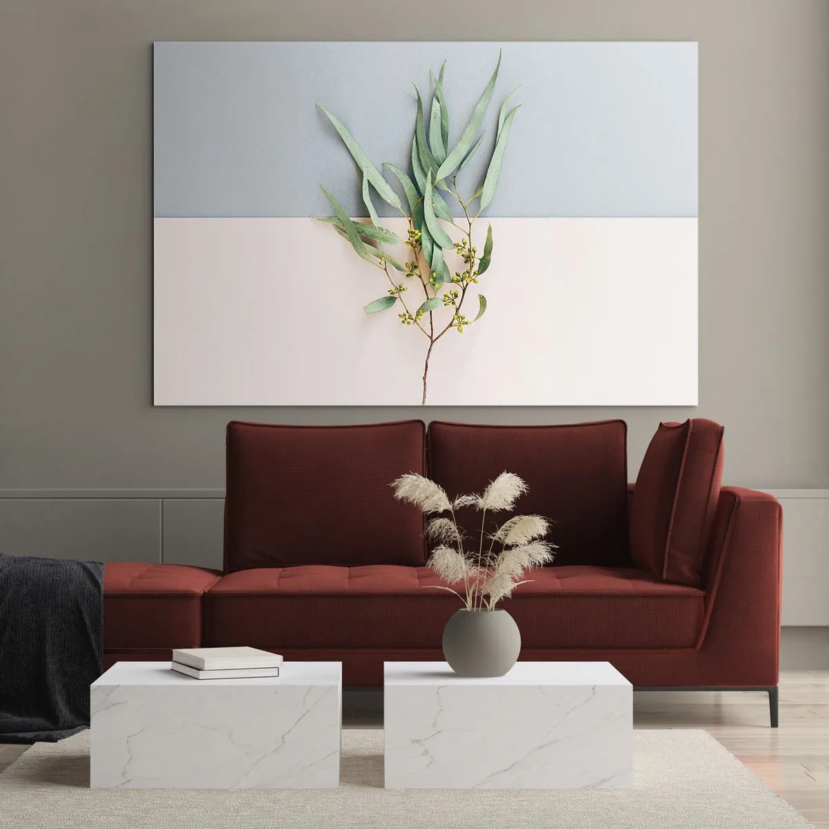 Obraz na skle - Snítka eukalyptu na pastelovém pozadí - 70x50cm - Pastelová jemnost - Moderní nástěnná dekorace do obývacího pokoje a ložnice ARTTOR