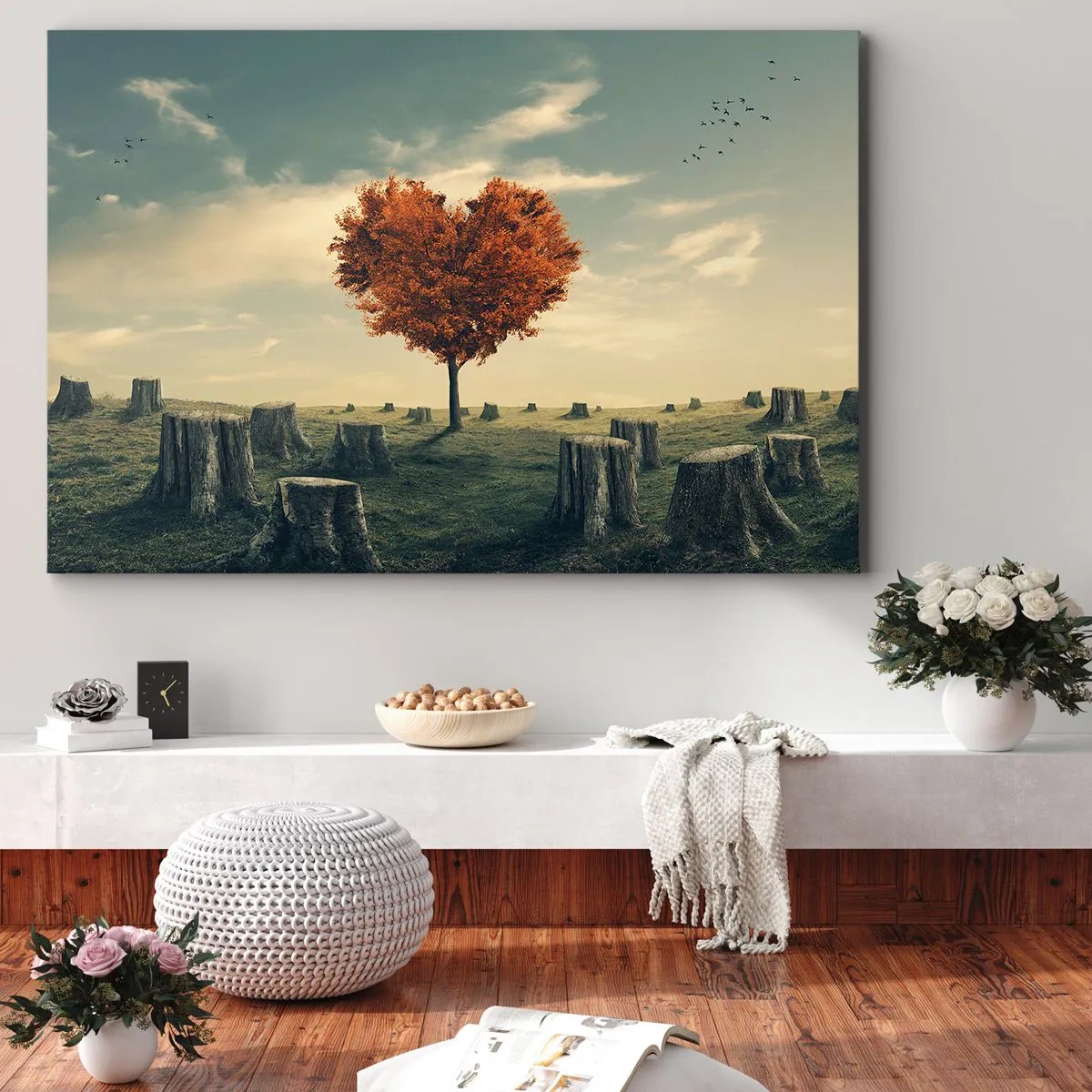 Obraz na plátně - Strom ve tvaru srdce v poli pařezů, symbol naděje - 70x50cm - Pořád je ještě naděje - Moderní nástěnná dekorace do obývacího pokoje a ložnice ARTTOR