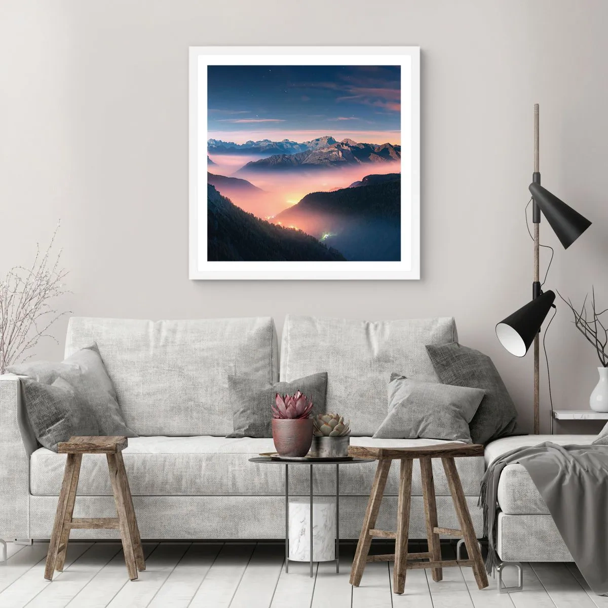 Plakát v bílém rámu - Světlo v údolích - 60x60 cm