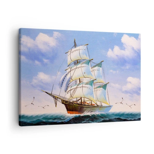 Obraz na plátně - Plachetnice na otevřeném moři pod modrou oblohou - 70x50cm - Hrdě s větrem - Moderní nástěnná dekorace do obývacího pokoje a ložnice ARTTOR