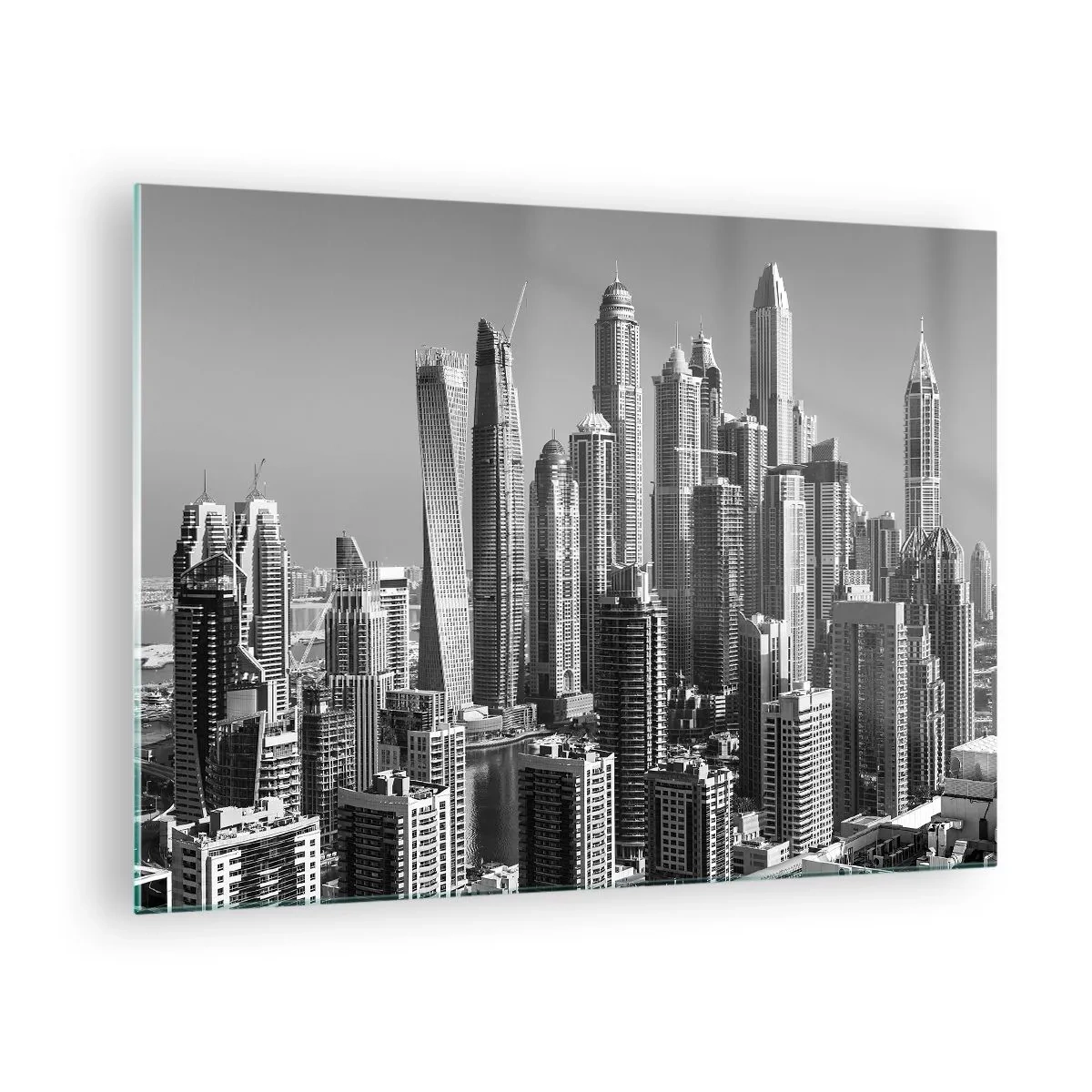 Obraz na skle - Černobílé panorama městských mrakodrapů - 70x50cm - Město nad pouští - Moderní nástěnná dekorace do obývacího pokoje a ložnice ARTTOR
